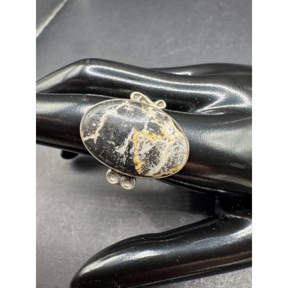 Vintage Navajo Iron Buffalo Turquoise 925 Sterling Silver Oval Ring Sz 7.5